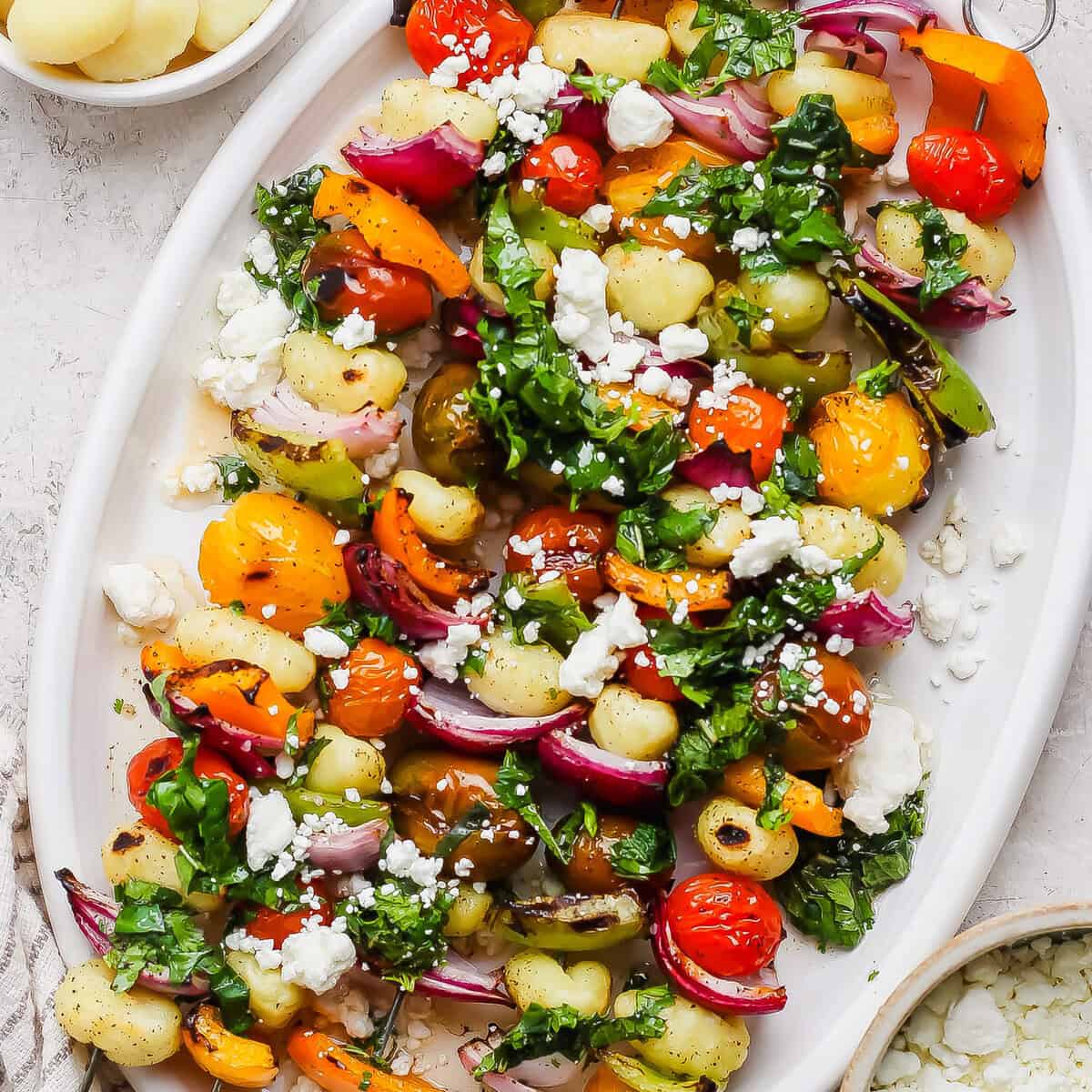 Rainbow Grilled Gnocchi Skewers with Lemon Herb Dressing